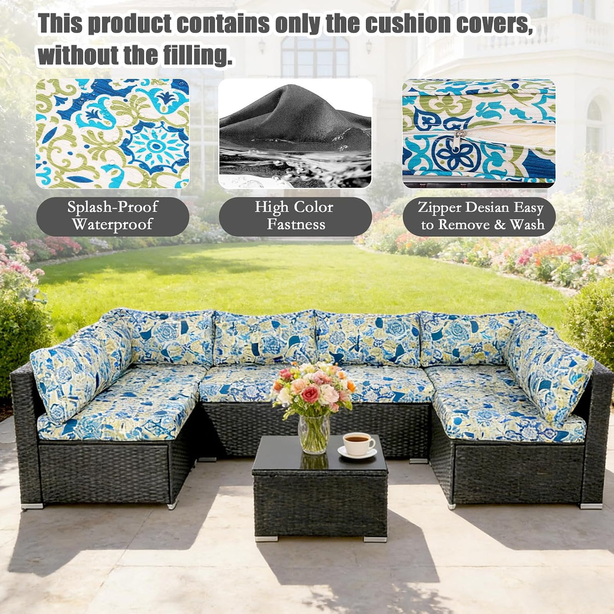 14 Piece Patio Cushion Covers Replacement Splashproof Fade Resistant Outdoor Sofa Slipcovers with Zippers for Deck & Porch Furniture (Moroccan Pattern,23.6x23.6x3.94 Inches)