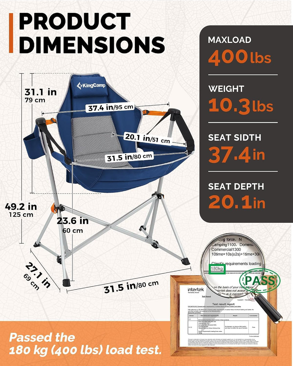 kingcamp hammock camping chair, 400lbs heavy duty swing, close-up detail
