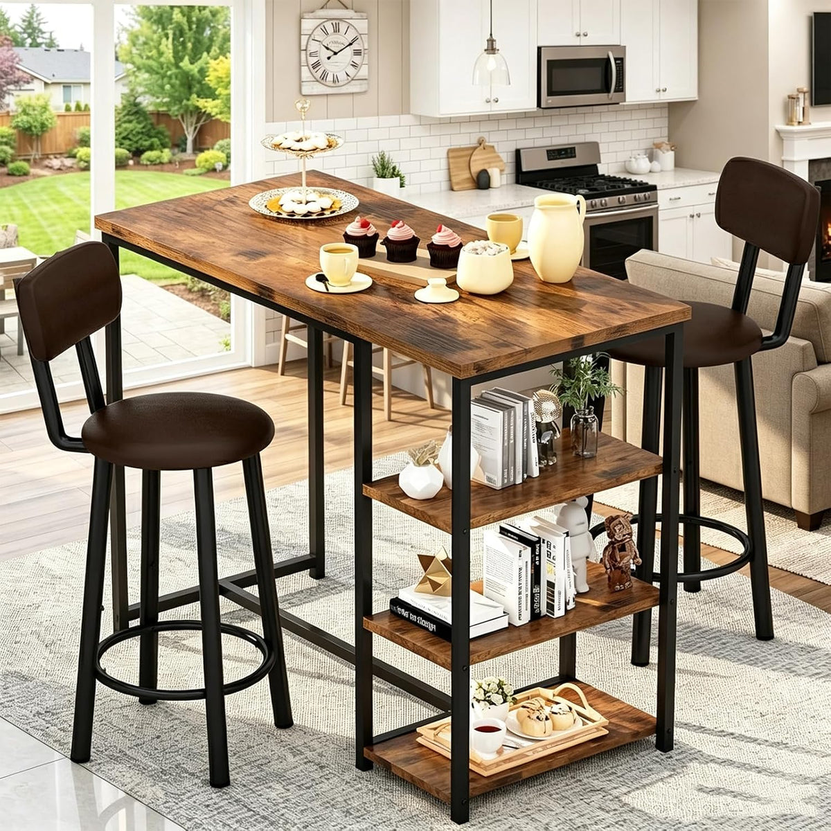 Recaceik Pub Dining Table Set for 2, Table and Bar Stools with 3 Storage Shelves, MDF Board & PU Leather Backrest Chairs, 3 Piece Dining Set for Small Space, Apartment, Kitchen Island, Brown