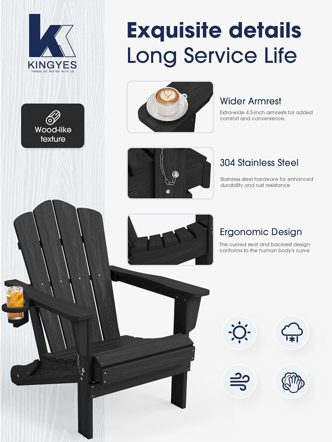 KINGYES Folding Adirondack Chair, All-Weather HDPE Material, Black