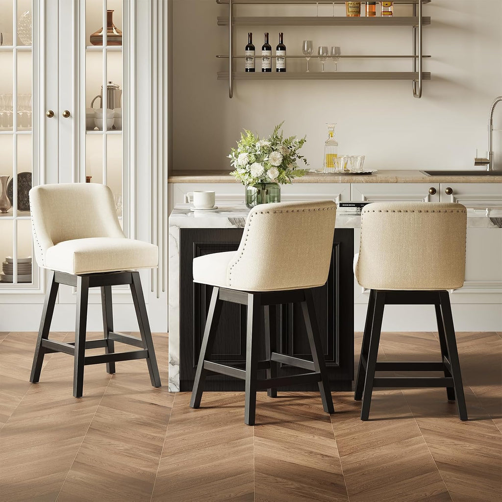 MALOL 27" Swivel Bar Stools Set of 3, Upholstered Barstools with Padded Seats and Solid Wood Legs, Counter Height Kitchen Stools for Kitchen Island, Breakfast Nook, Beige