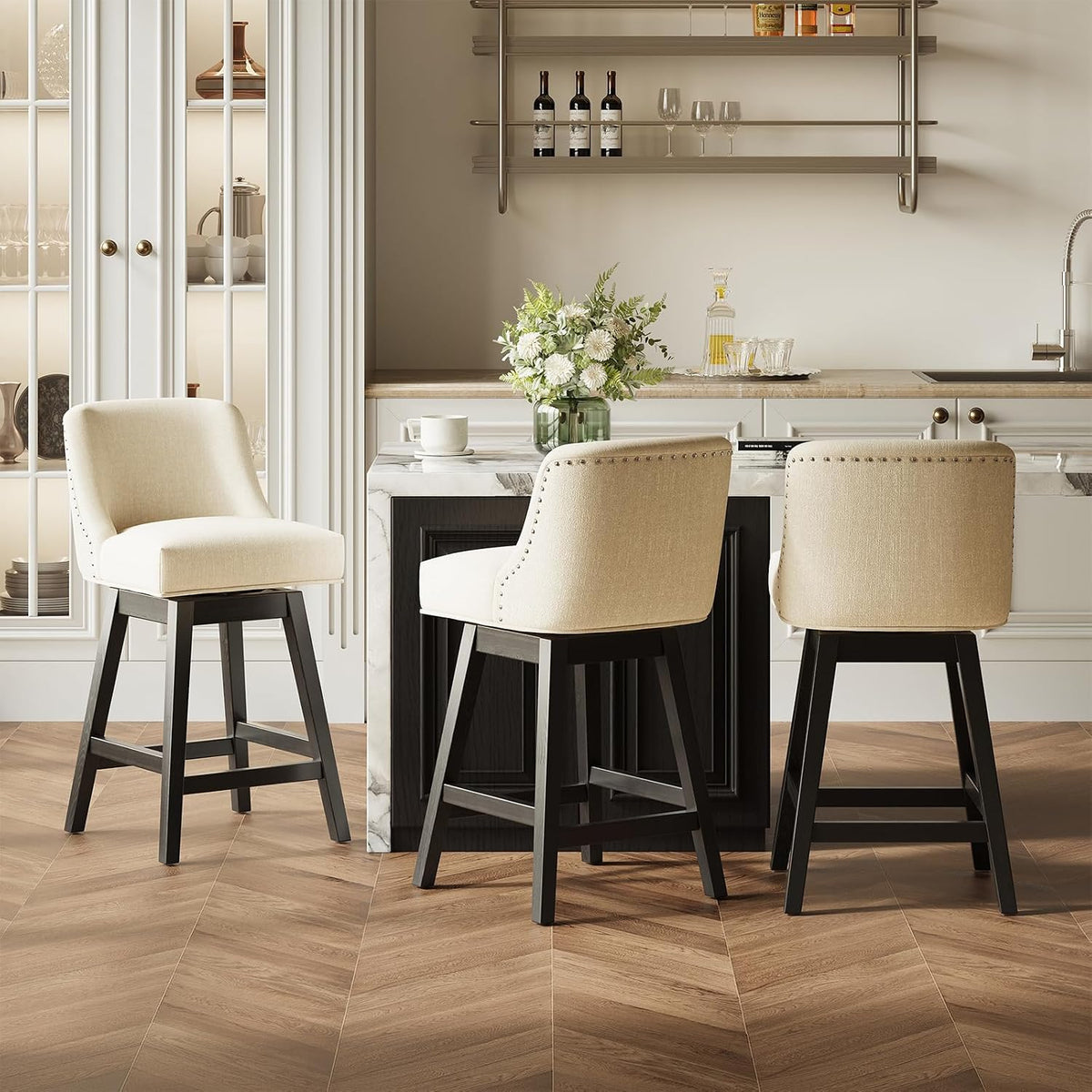 MALOL 27" Swivel Bar Stools Set of 3, Upholstered Barstools with Padded Seats and Solid Wood Legs, Counter Height Kitchen Stools for Kitchen Island, Breakfast Nook, Beige