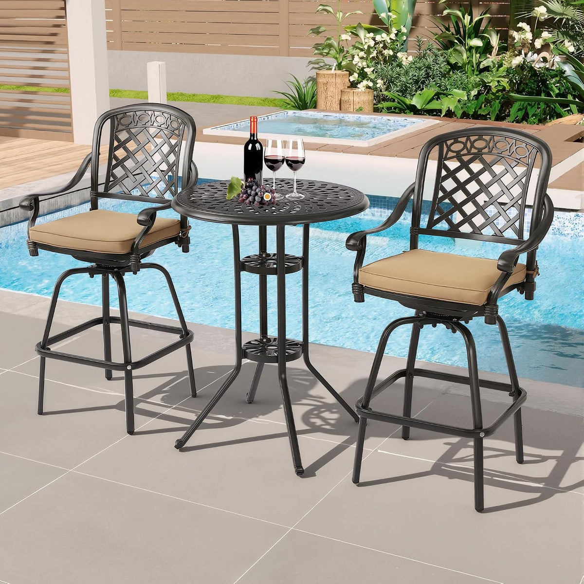 3-Piece Cast Aluminum Patio Bar Set, Outdoor Round High Top Table & 2 Swivel Bar Chairs with Cushions, All-Weather Bistro Table and Chairs Set for Patio, Lawn & Garden (1 Table +2 Swivel Chairs)