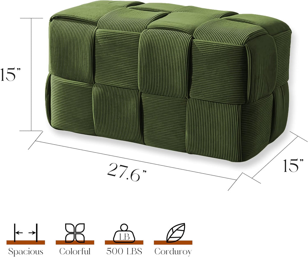 Cmishe 28" Rectangular Woven Corduroy Ottoman Footrest - Large Modern Entryway Bench & Bed End Stool, Sturdy Wood Frame, No Assembly (Green-L)