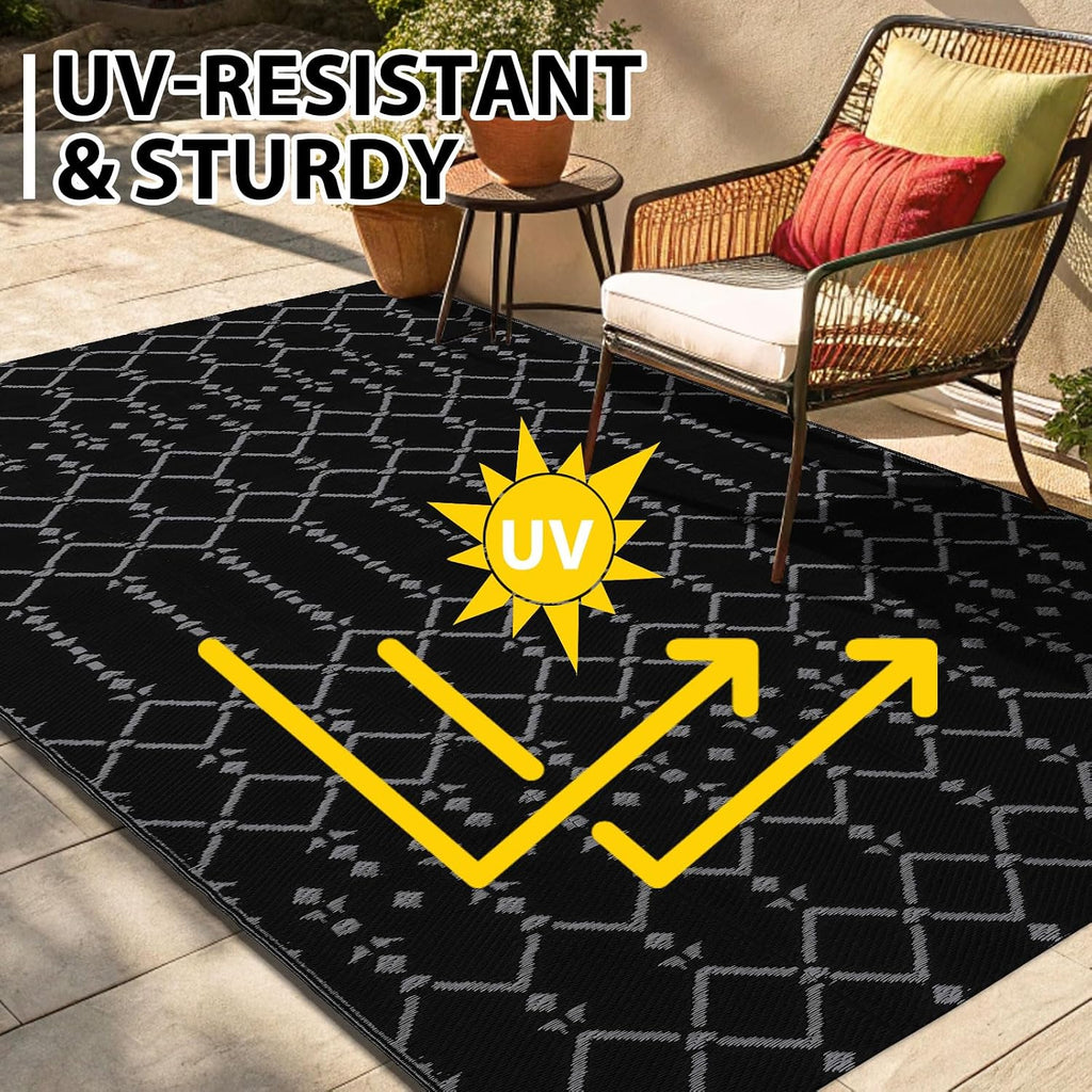 Smiry Outdoor Rug 8x10 ft Waterproof Reversible Boho Mat, Dark Grey