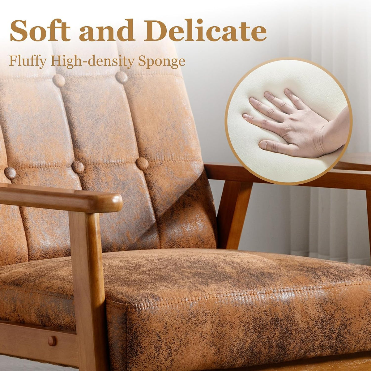 Modern Accent Chair, Mid-Century Technical Fabric Armchair with Solid Wood Armrests, Button-Tufted Comfortable Cushioned Reading Chairs for Living Room, Bedroom (Coffee)