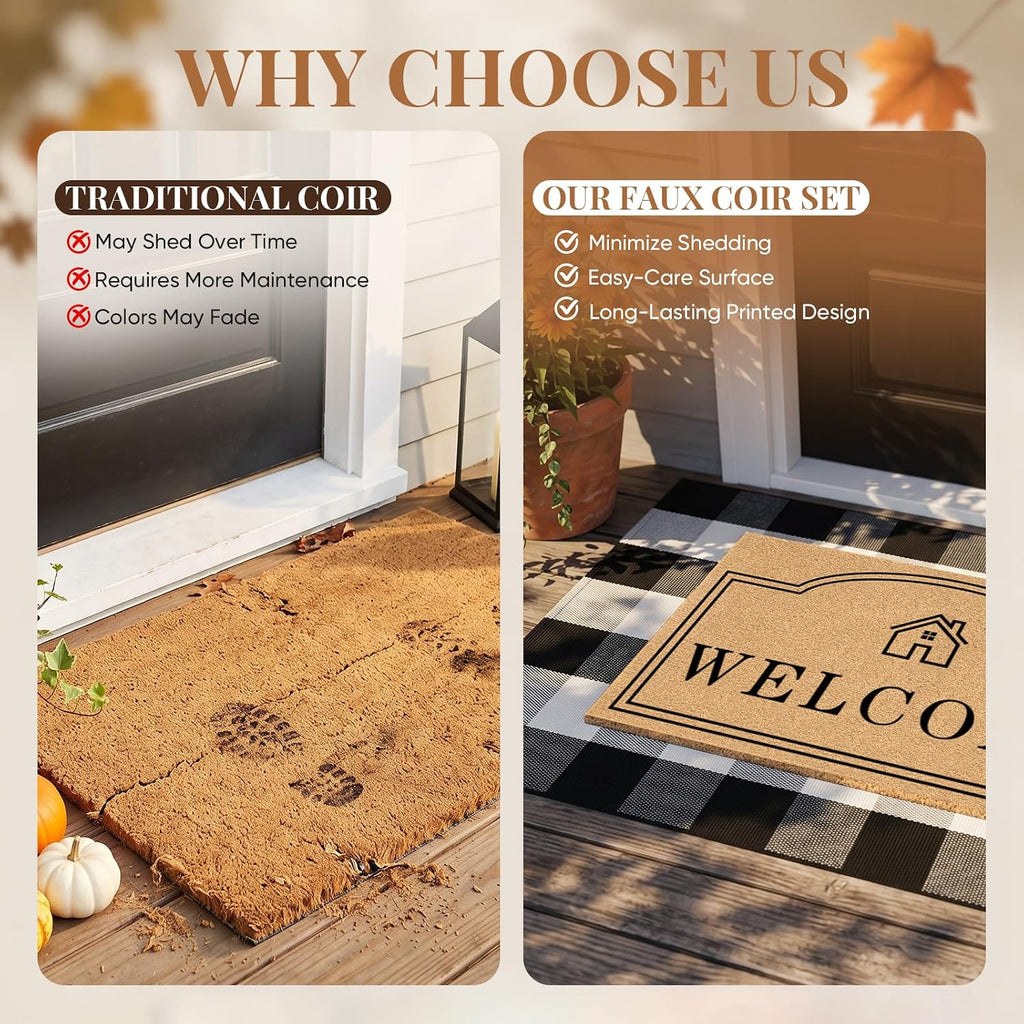 2 Pcs Layered Coir Front DoorMat Set, 0.6" Extra Thick & Non Slip Backing