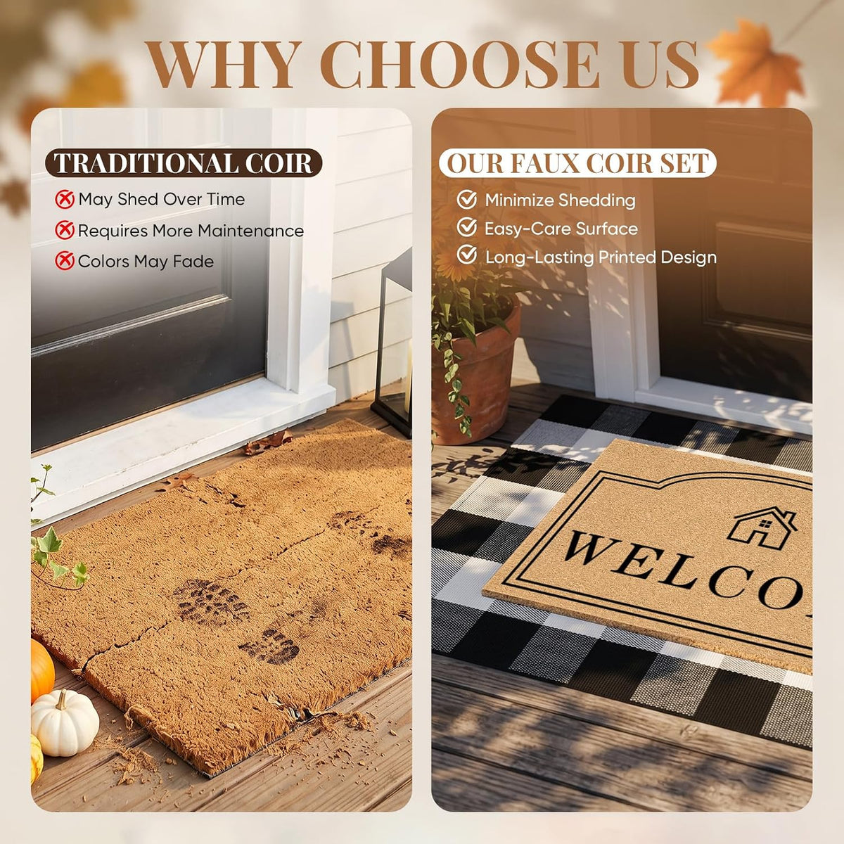 2 Pcs Layered Coir Front DoorMat Set, 0.6" Extra Thick & Non Slip Backing