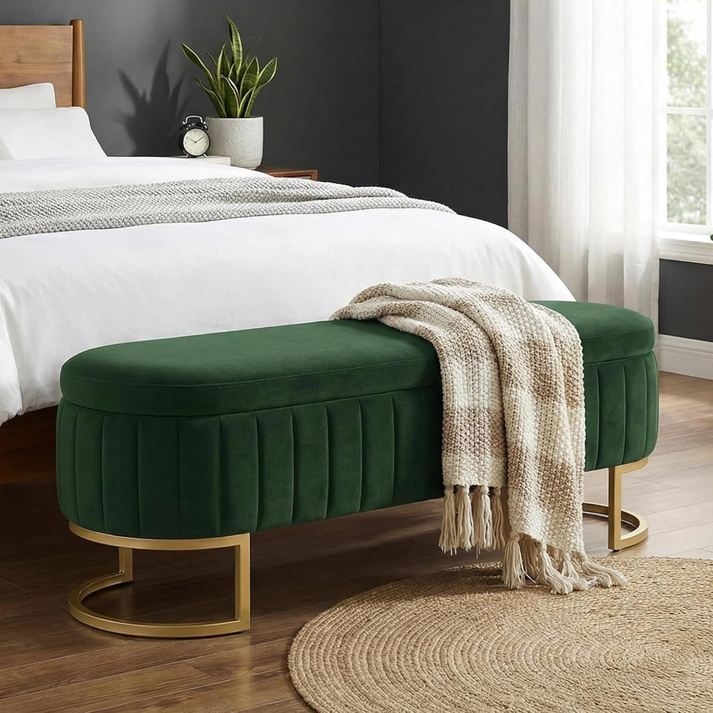 65" Velvet Storage Ottoman Bench End of Bed for Bedroom Entryway Green
