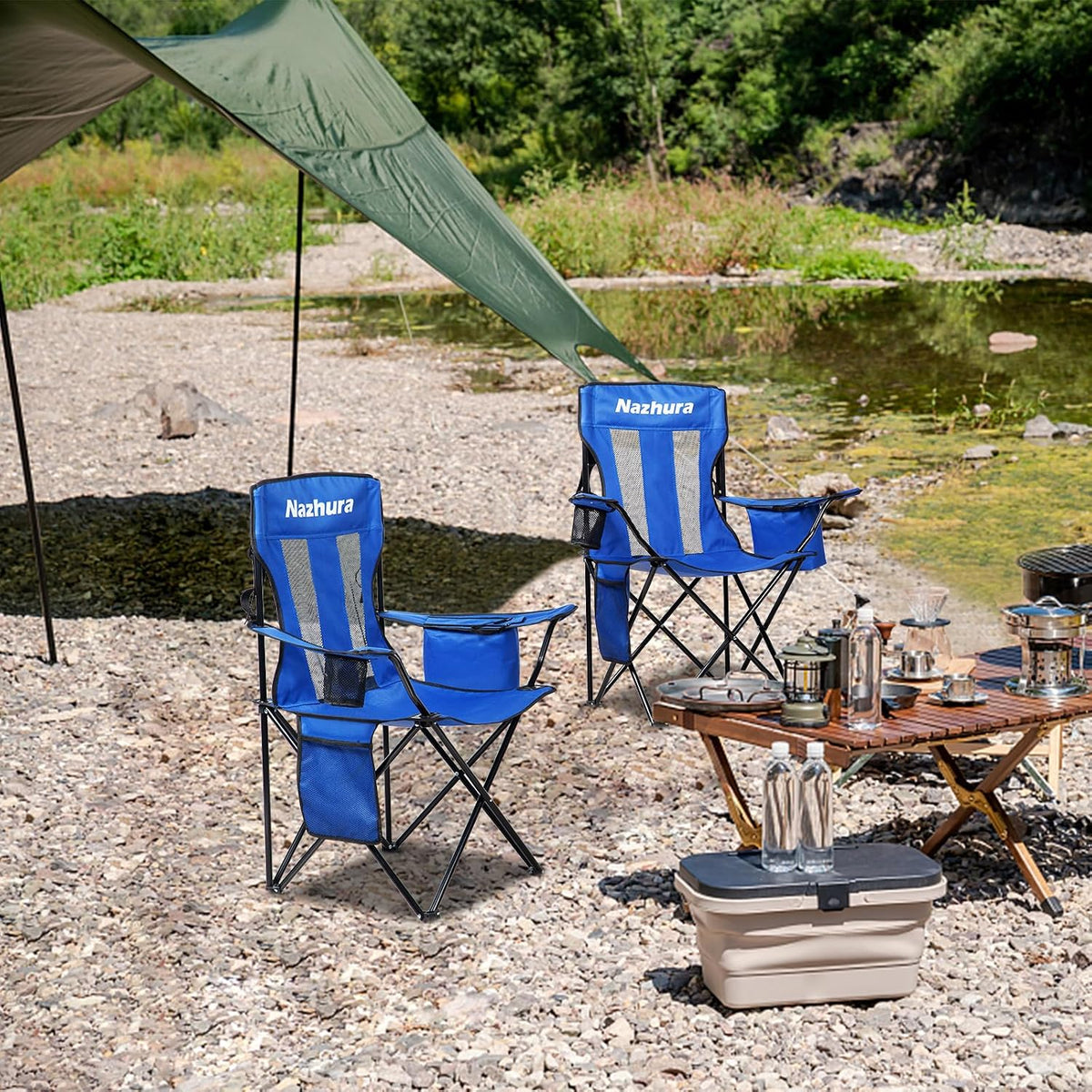 Nazhura 4 Pack Outdoor Camping Chairs Folding/Foldable/Portable with Cooler Pouch, Mesh Backrest and Cup Holder Pocket (Blue, Metal, 4 Pack)