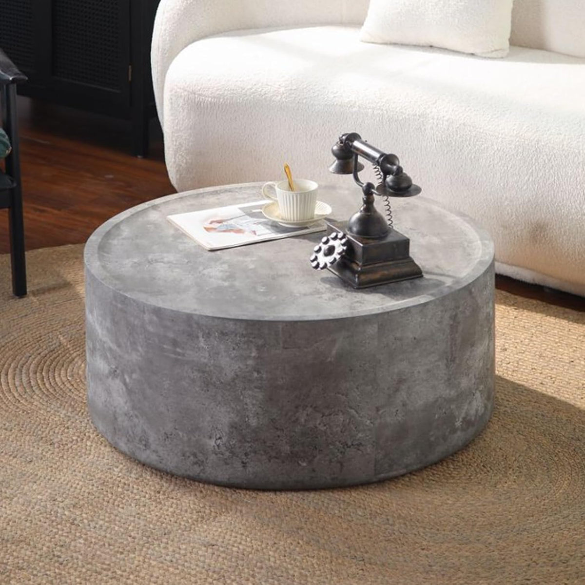 Round Coffee Table Small, 31.5" Coffee Tables for Living Room, Modern Drum Center MDF Wooden Farmhouse Accent Vintage Design, Office, Apartment No Assembly Required Concrete Gray