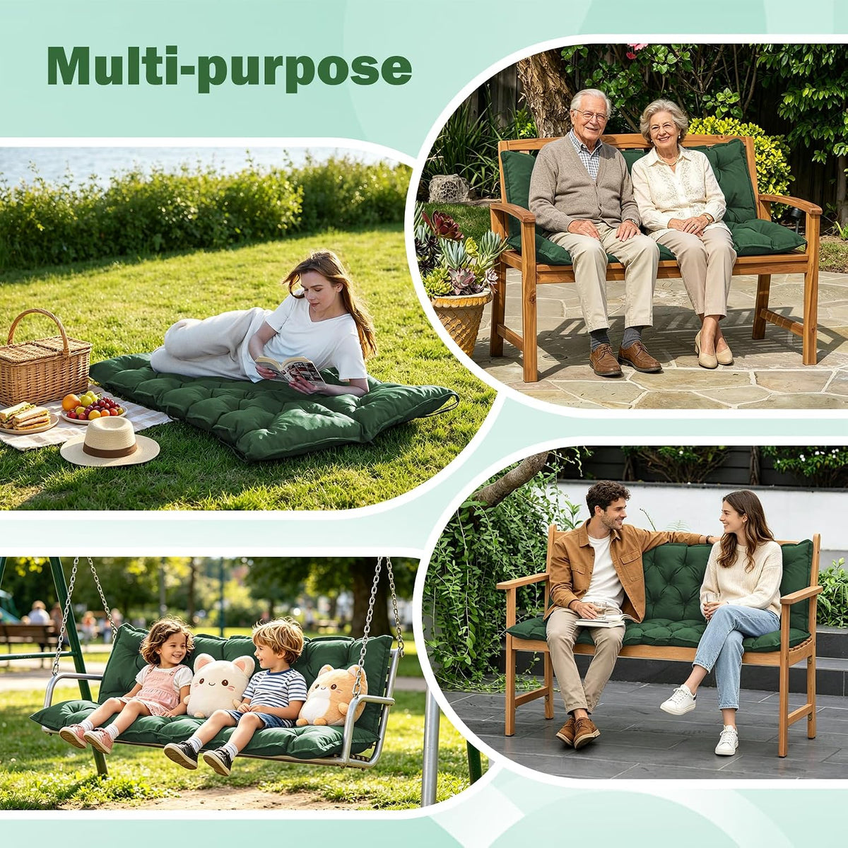 Porch Swing Cushions, 60x40 Inch Swing Cushions for Outdoor Furniture, Waterproof 3 Seater Patio Seat Cushion with Backrest, Replacement Bench Cushion for Glider, Settee, Forest Green