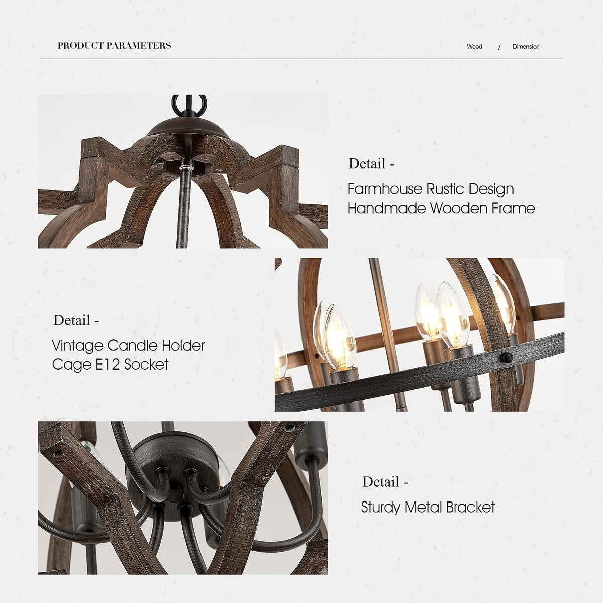 6-light wood farmhouse chandelier for dining room hallway, close-up detail