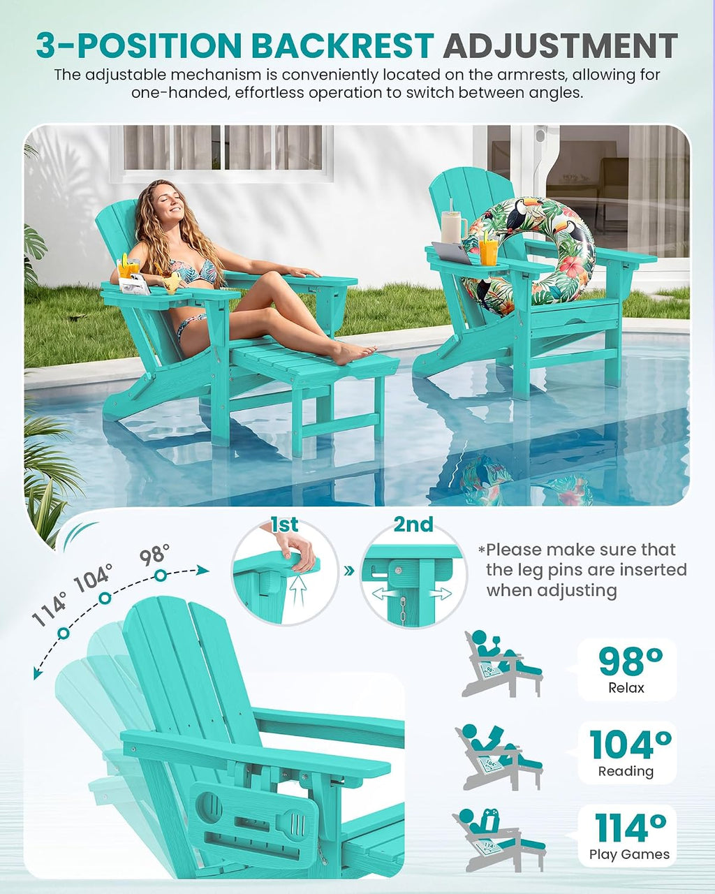 SERWALL Folding Adjustable Adirondack Chairs with Footrest Set of 2, HDPE Outdoor Chair with 4-in-1 Cup Holders, All Weather Adirondack Chair with Ottoman, Aruba