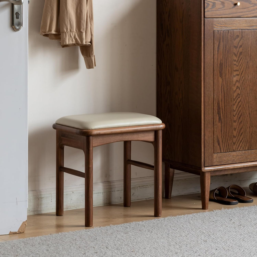 Upholstered Stool with Solid Wood Leg, Leather Padded Dining Ottoman Walnut Footrest Stool Bench Seat for Entryway Kitchen, 1pc