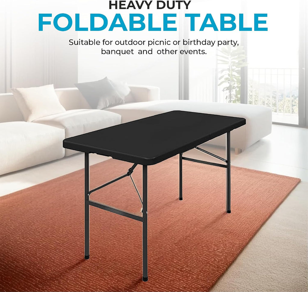 Simpli-Magic 4ft Portable Plastic Folding Table – Indoor & Outdoor Heavy-Duty Foldable Utility Table w/Handle for Party & Camping (Black)