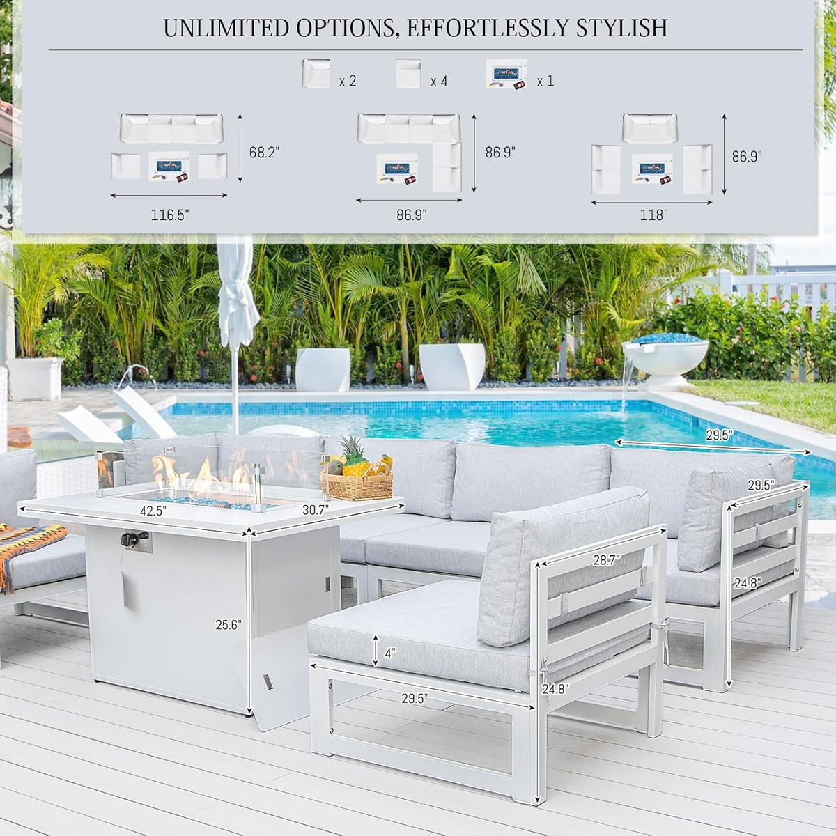BULEXYARD 7 Piece Aluminum Patio Furniture Set with Fire Pit Table, White