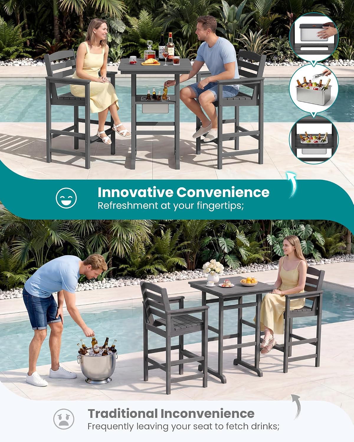 SERWALL 8 Pieces Outdoor Bar Chairs Table with Ice Bucket Set, Grey