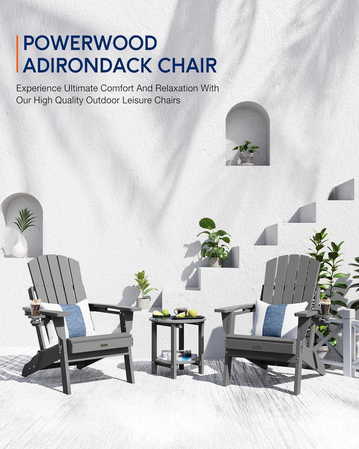 Adirondack Chair with Cup Holder: Folding Adirondack Chairs Plastic HDPE Material Furniture - Composite Fire Pit Chairs Foldable for Outdoor/Backyard/Garden/Lawn/Deck/Porch/Patio