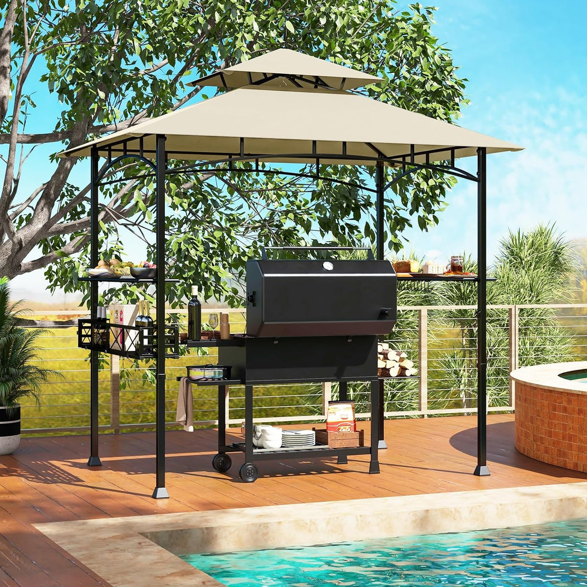 Tangkula 8x5 Ft Outdoor Grill Gazebo w/Side Awning & 2-Tier Vented Canopy