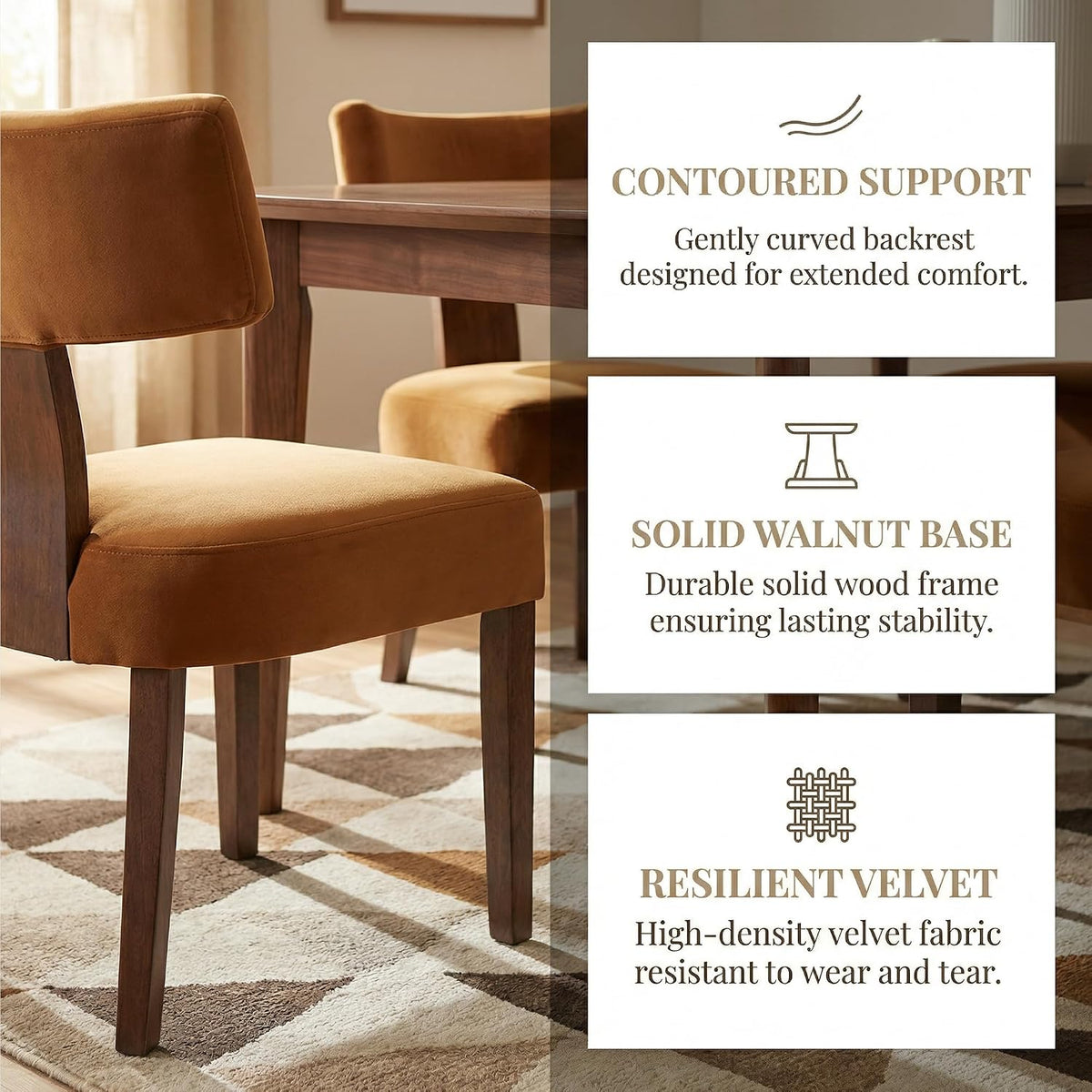 HNY Mid Century Modern Dining Chairs, Velvet Fabric Farmhouse Upholstered and Curved Backrest Kitchen Accent Chairs Set of 2, with Hardwood Frame, Burnt Caramel