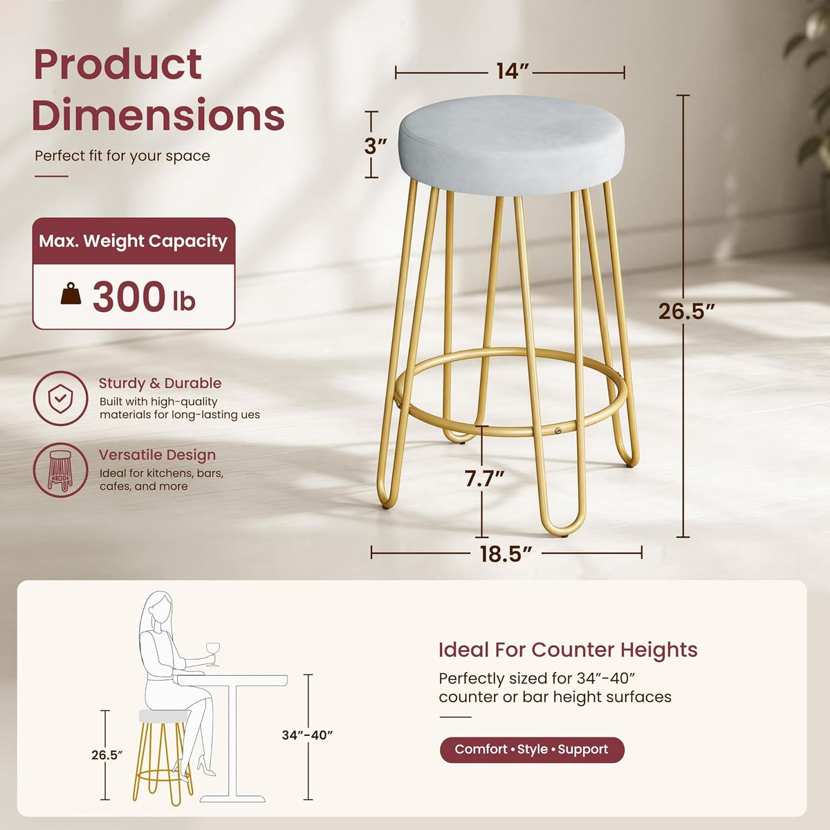 Yaheetech Bar Stools Set of 2, Velvet Counter Stools, Gold Metal Legs, Gray