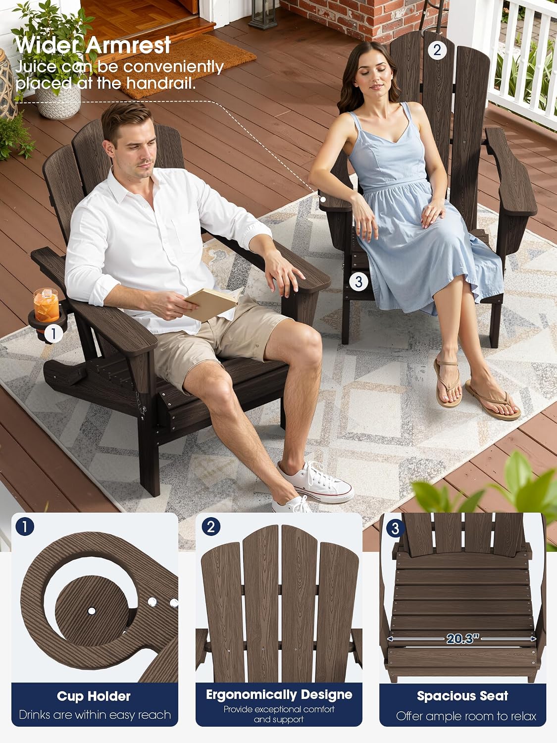 KINGYES Folding Adirondack Chair Set of 4 with Cup Holder, Coffee