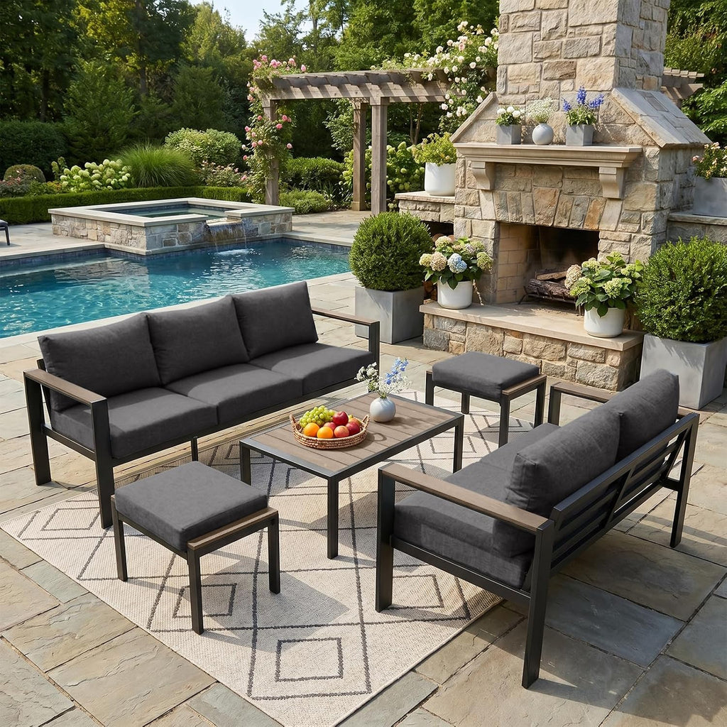 Outdoor Patio Furniture Set 5 Pieces Luxury Aluminum Patio Conversation Set with Coffee Table and 2 Ottoman 7 Seats, Thick Cushions, Large Sectional Sofa for Porch, Balcony, Yard, Dark Gray