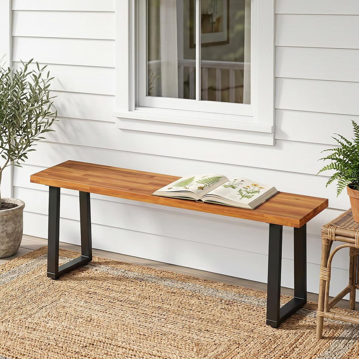 Tangkula Acacia Wood Outdoor Bench, 2-Person Backless Patio Dining Bench