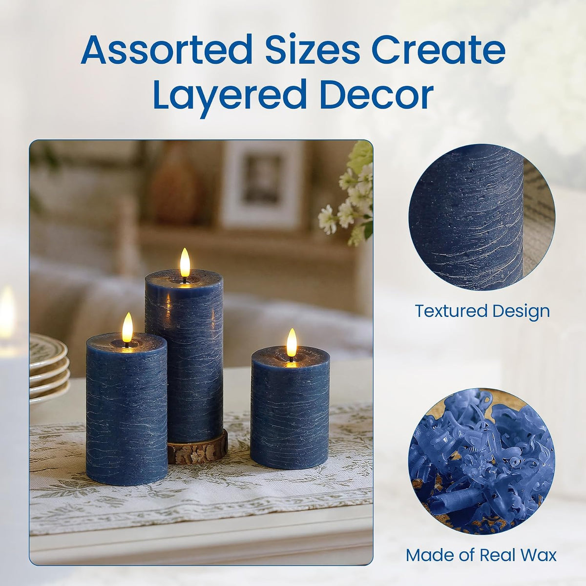 Set of 4 Navy Blue Real Wax Flameless Candles with Remote, Long Lasting Battery Operated LED Pillar 3" x 4" 5" 6" 7" with Timer and Flickering Electric for Home Decor