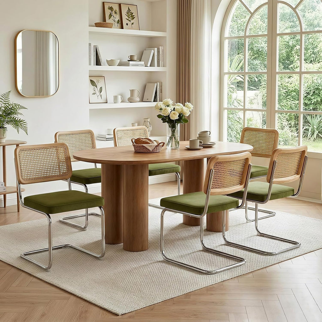 Rattan Dining Chairs Set of 6,Velvet Cushion Kitchen Cesca Chairs,Green