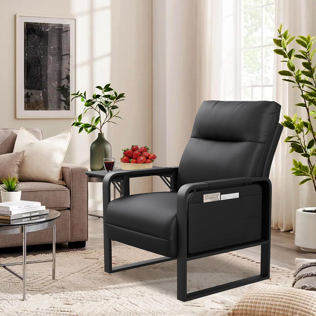 Black PU Leather Accent Chair Upholstered Armchair with Side Table