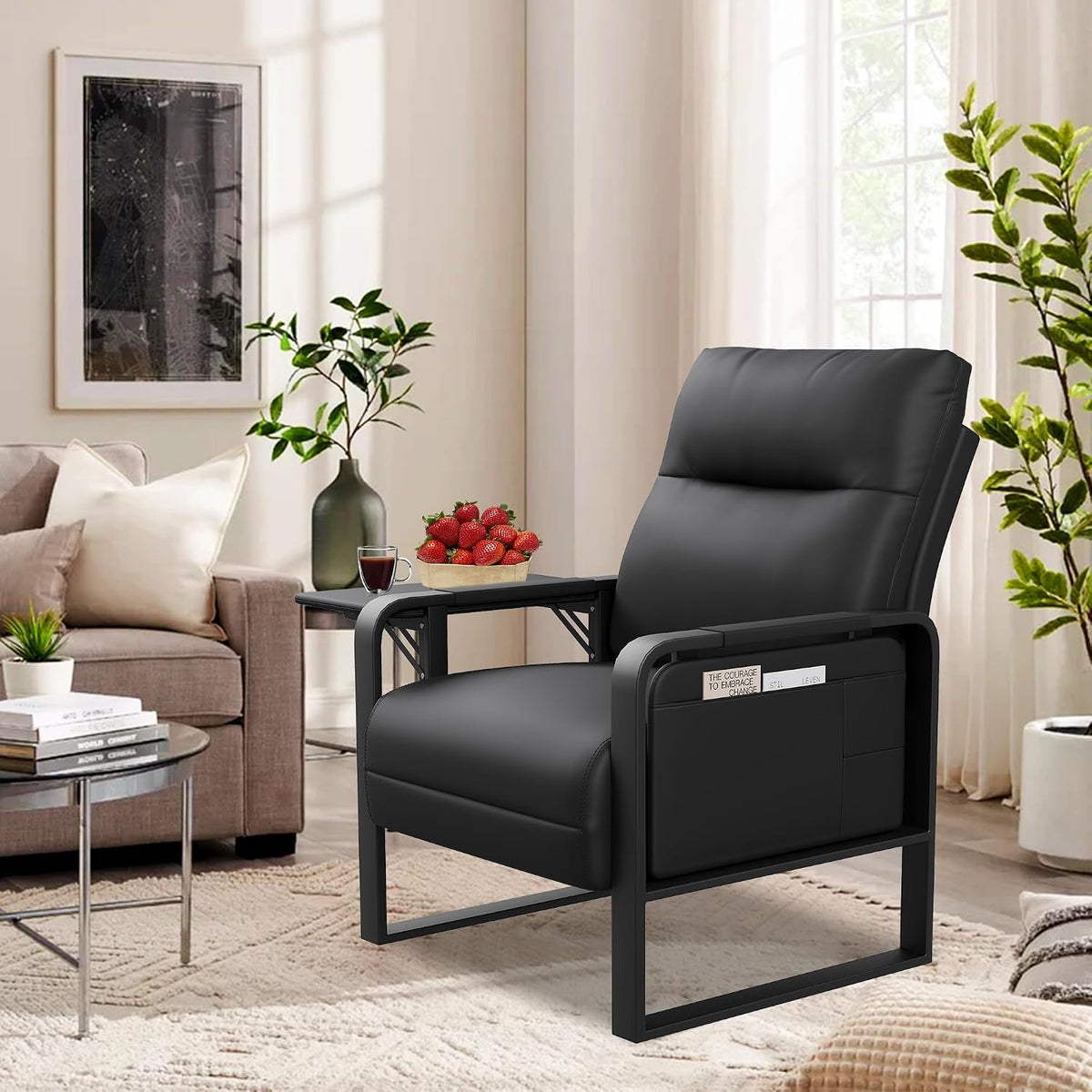 Black PU Leather Accent Chair Upholstered Armchair with Side Table