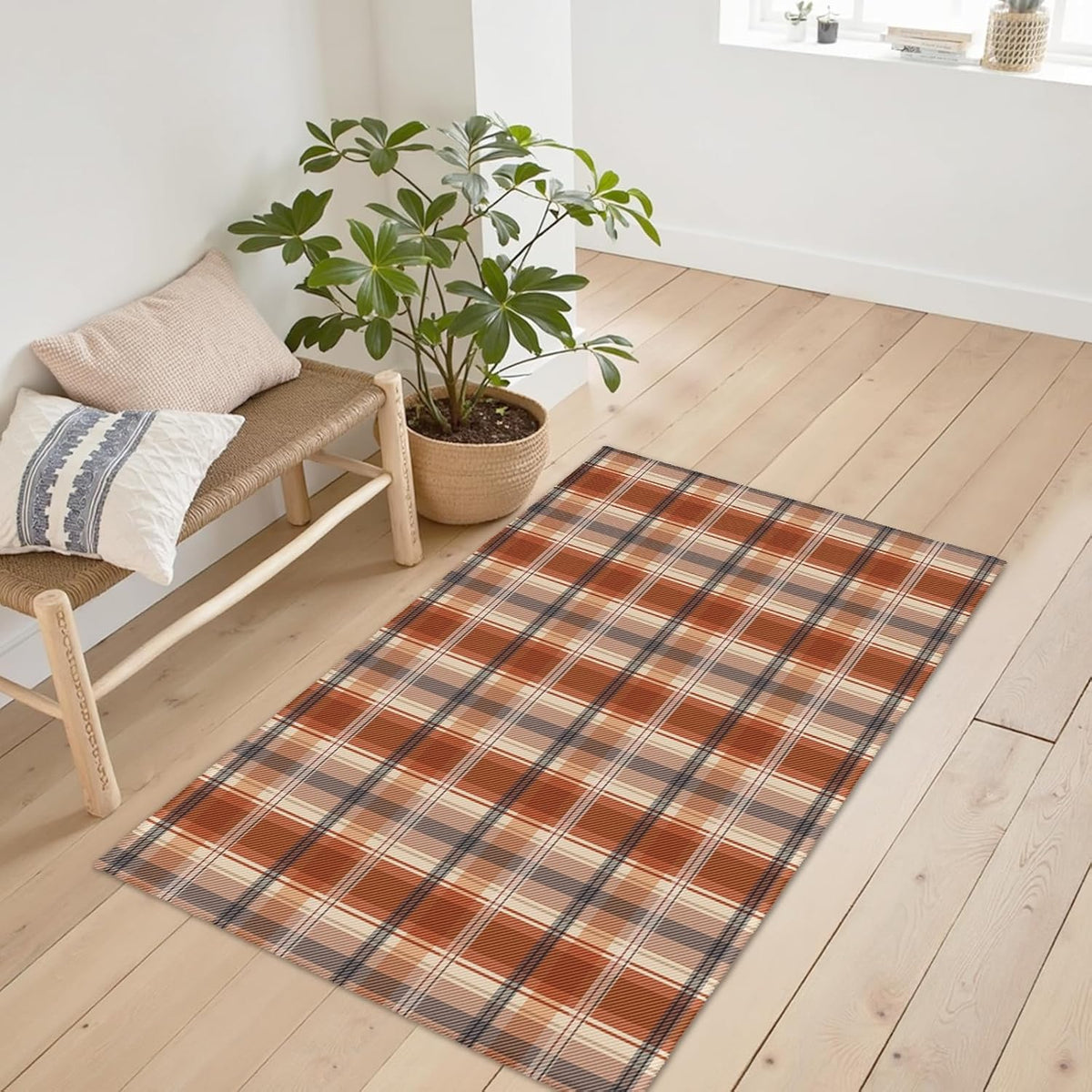 Fall Plaid Doormat Autumn Burnt Orange Buffalo Check Area Rugs 2x3 Farmhouse Thanksgiving Holiday Decorative Front Door Mat Washable Small Rugs for Entryway Bedroom Bathroom Laundry