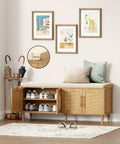 Akxomel 47.2" Rattan Shoe Storage Bench 4 Doors Wooden Entryway Bench Oak
