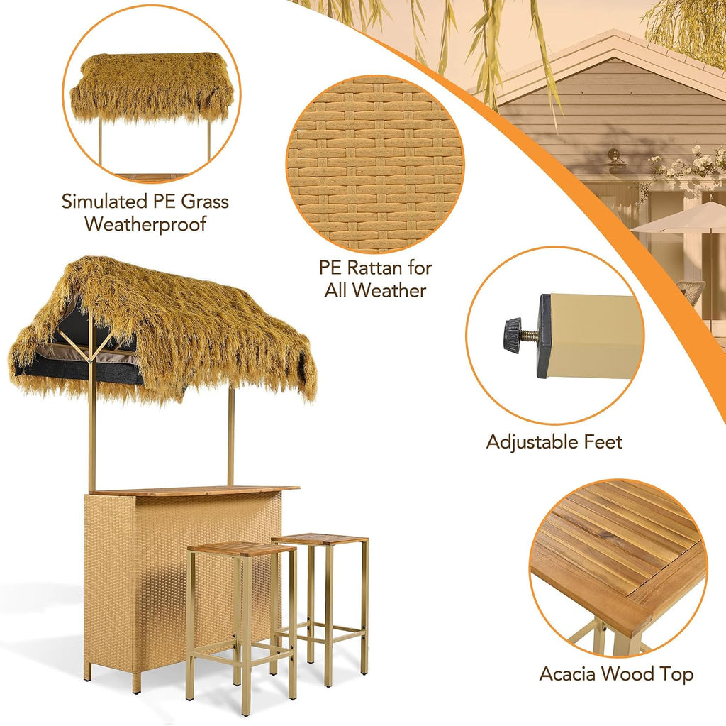 LUMISOL 3pcs Outdoor Bar Set, Hawaiian Style Bar Height Patio Set with PE Grass Canopy, Acacia Wood Top and Adjustable Feet, 3 Piece Wicker Island Bar and 2 Stools Set, Natural