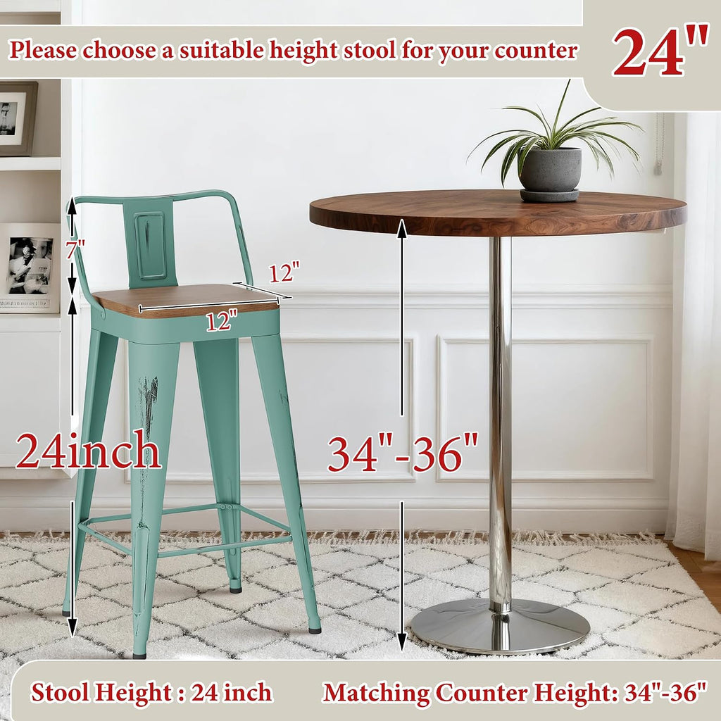 Andeworld Bar Stools Set of 4, 24" Distressed Barstools, Green Blue