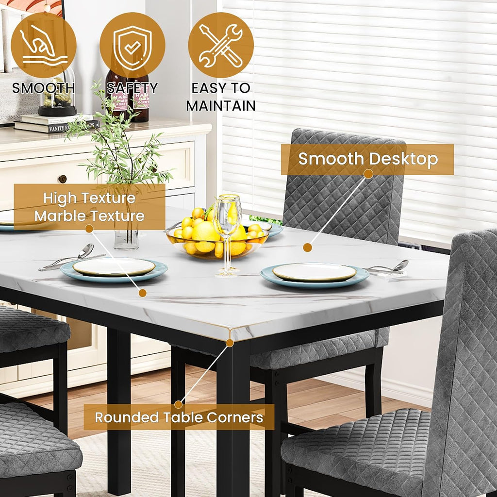 DKLGG Dining Table Set for 4, Faux Marble Kitchen Table with Velvet Upholstered Dinner Chairs, Small Dining Room Sets for Small Space Apartment Home
