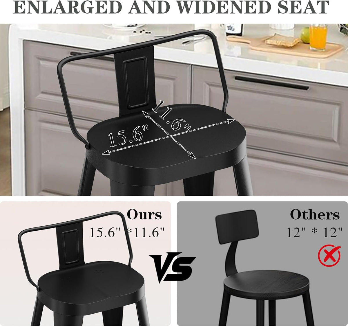 ALISH 24 Inch Bar Stools Set of 4, Industrial Metal Barstools Farmhouse Bar Chairs with Large Seat for Kitchen Island (24 Inch, Black)