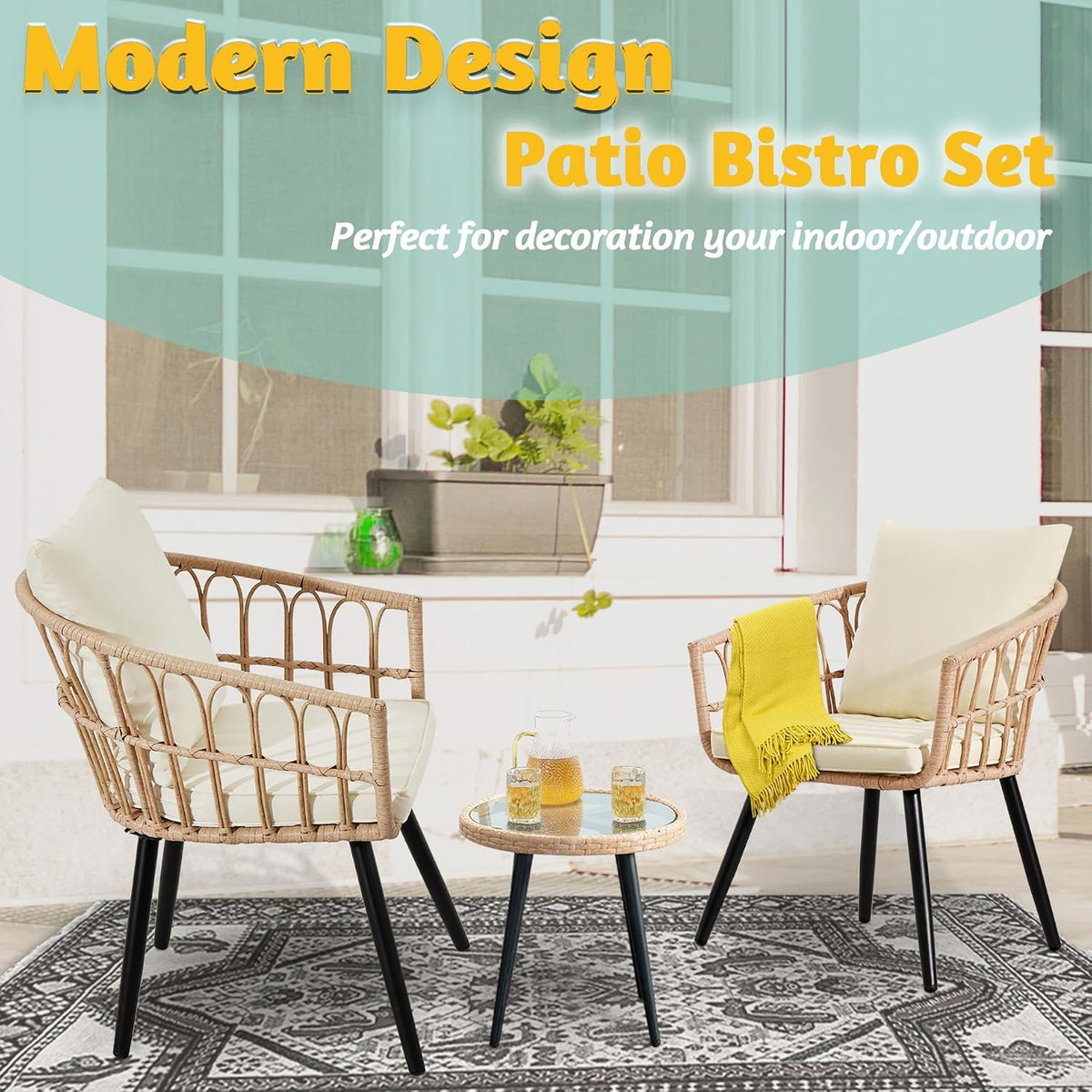 FHFO 3 Piece Patio Bistro Set, Wicker Table and Chairs Set of 2, Beige