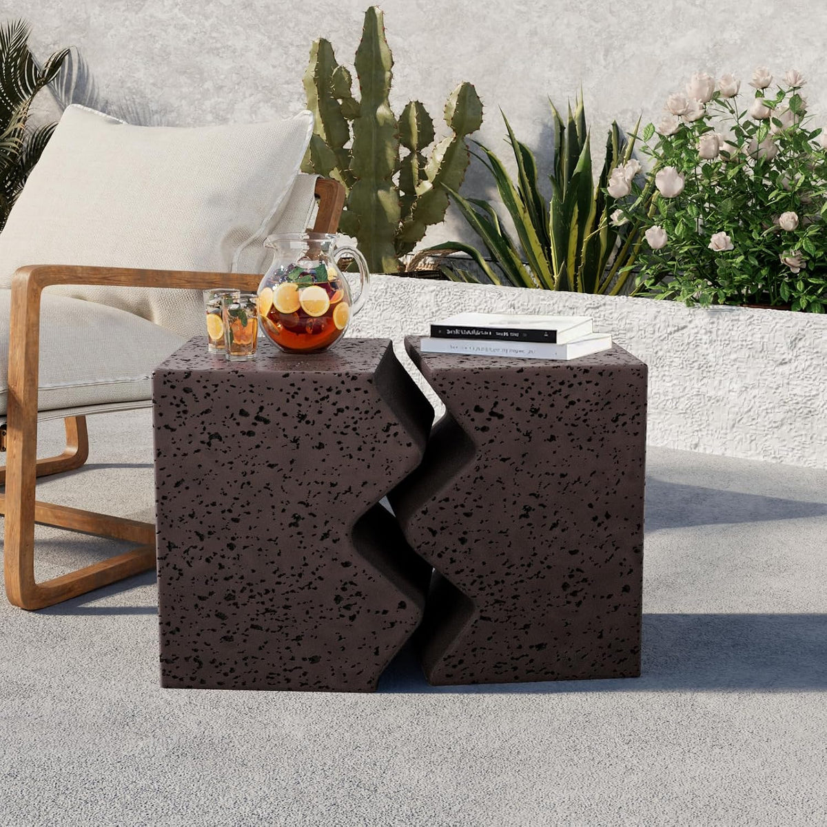 COSIEST Concrete Side Table, Set of 2 Rectangular Outdoor Side Tables, Decorative Garden Stools for Indoor Outdoor, Accent Table Patio Side Table End Table w Spotted, Brown