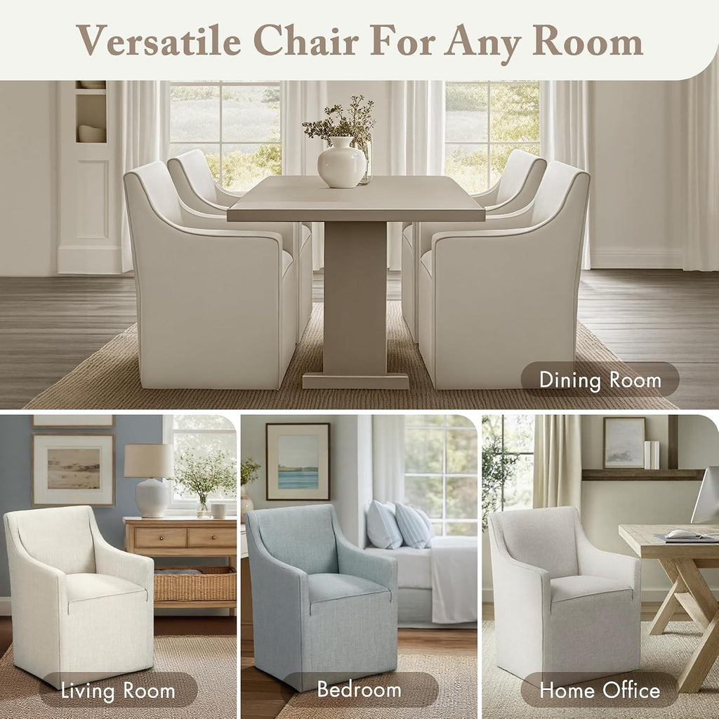 Madison Park Dining Chair with Hidden Casters, 20" Thick Seat Foam Cushion, Upholstered, Padded, Modern Farmhouse Dining Chair, Fully Assembled, Charlotte, 34" H, Cream