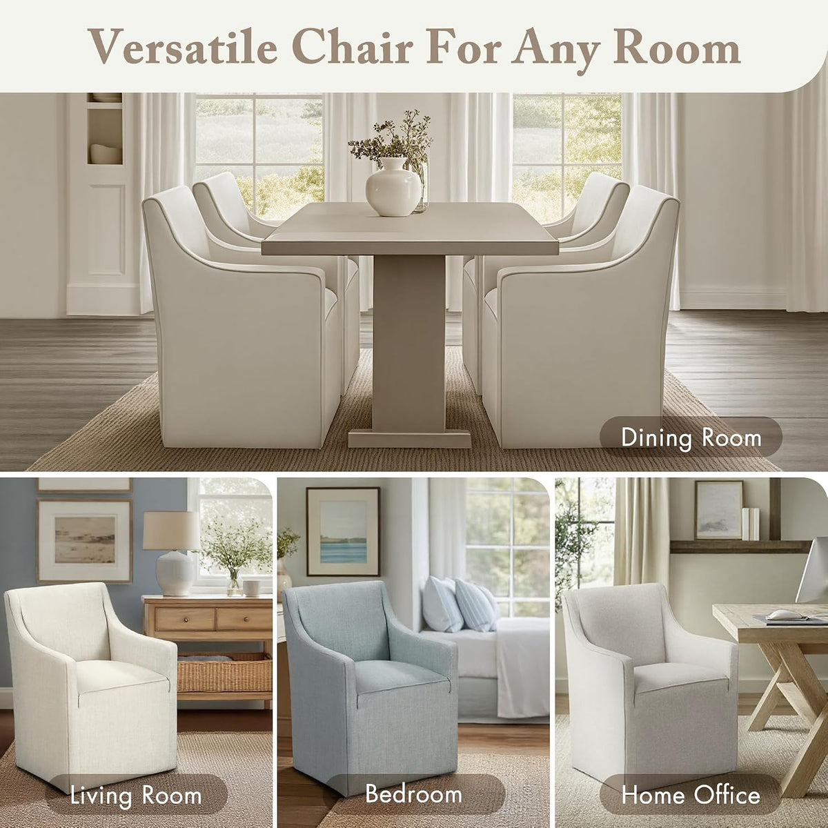 Madison Park Dining Chair with Hidden Casters, 20" Thick Seat Foam Cushion, Upholstered, Padded, Modern Farmhouse Dining Chair, Fully Assembled, Charlotte, 34" H, Cream