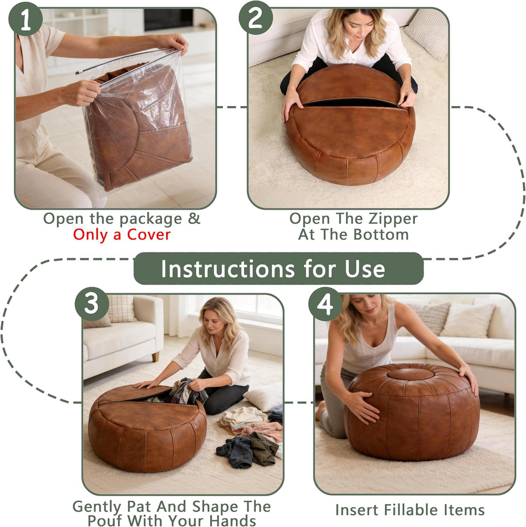 Thgonwid Unstuffed Moroccan Storage Pouf Foot Stool Ottoman Seat Handmade Faux Leather Bean Bag Floor Chair Foot Rest for Living Room, Bedroom or Balcony (Light Brown)