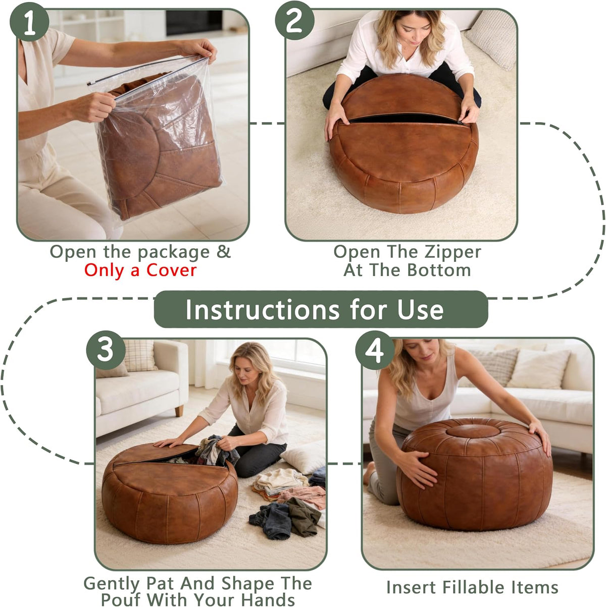Thgonwid Unstuffed Moroccan Storage Pouf Foot Stool Ottoman Seat Handmade Faux Leather Bean Bag Floor Chair Foot Rest for Living Room, Bedroom or Balcony (Light Brown)