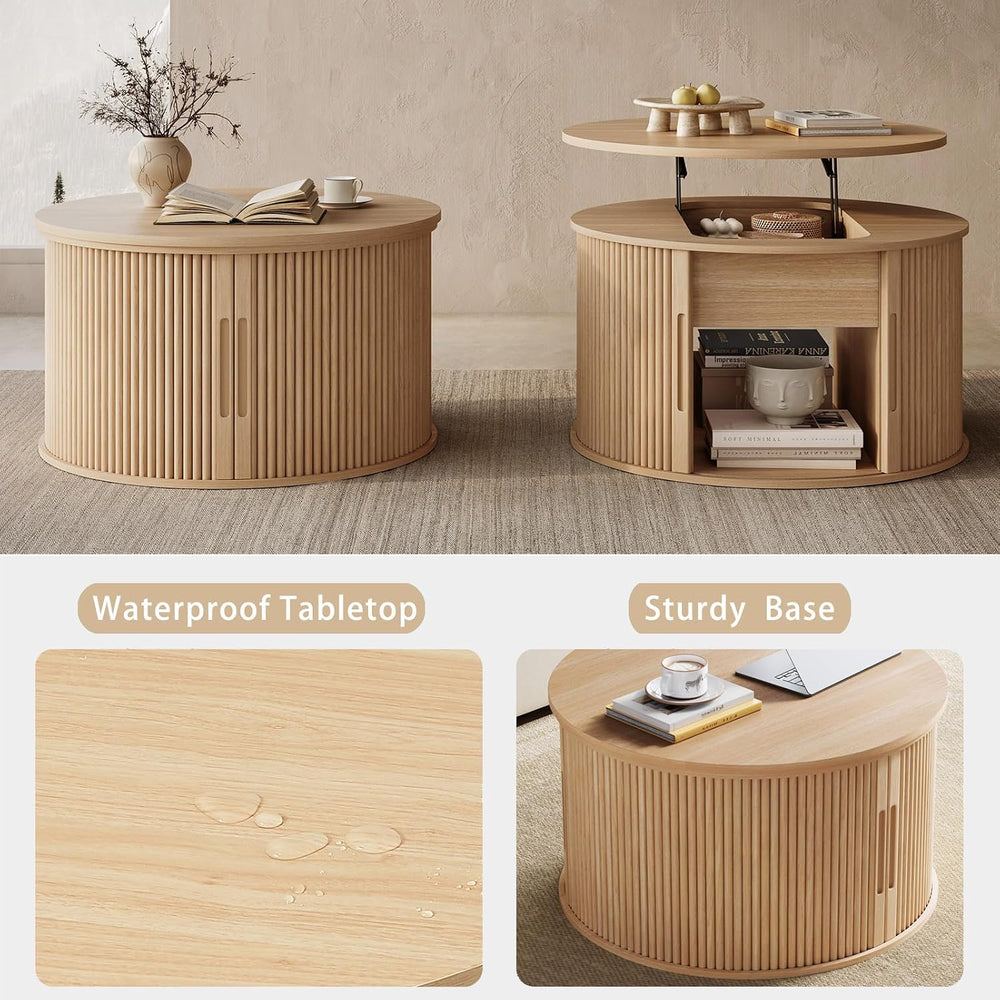 LINSY Lift Top Coffee Table, Round Fluted Coffee Table with Storage, Boho Woo...