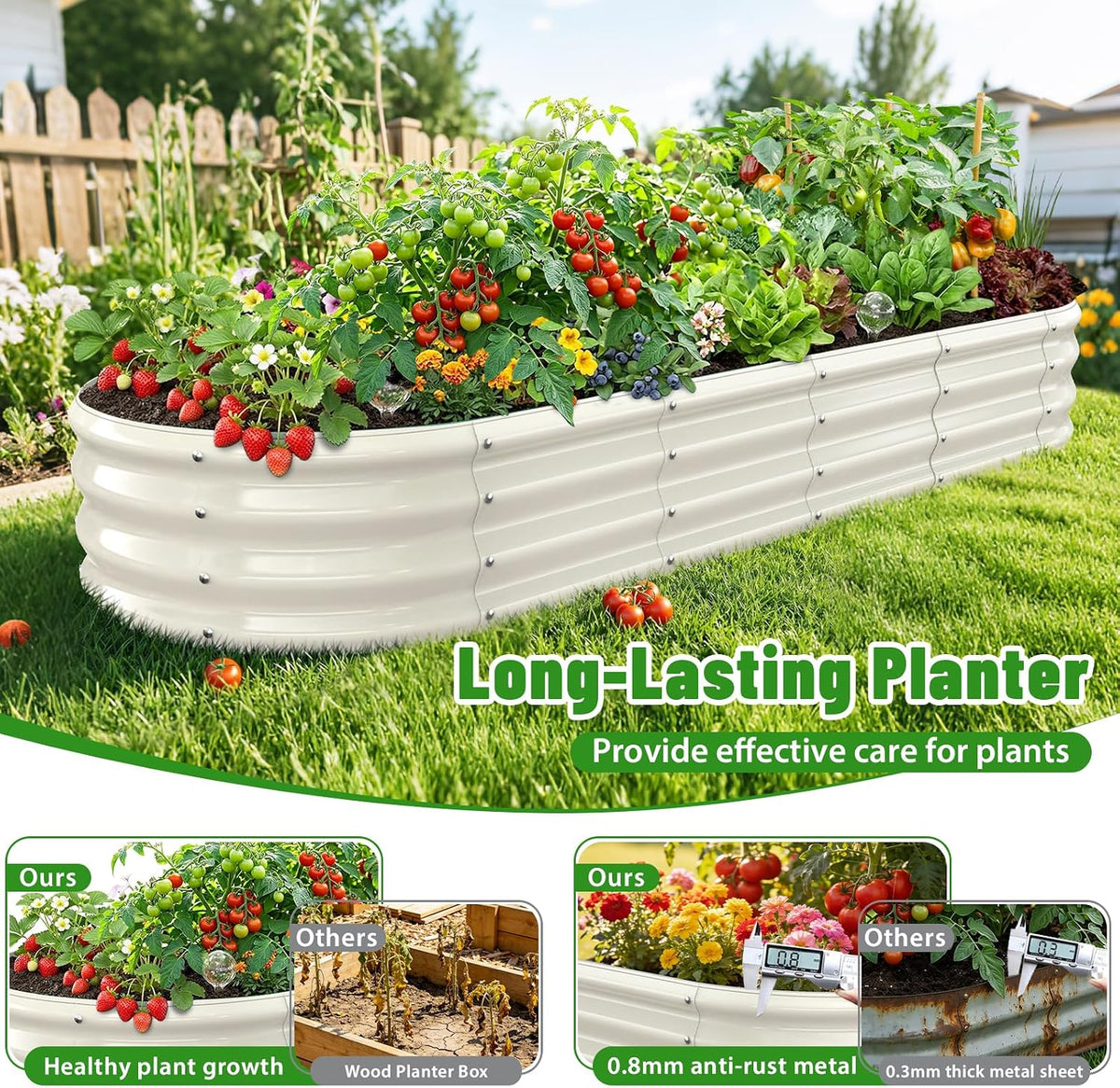 White Oval Raised Garden Bed / Galvanized Steel Planter Box,6 x 2 x 1FT