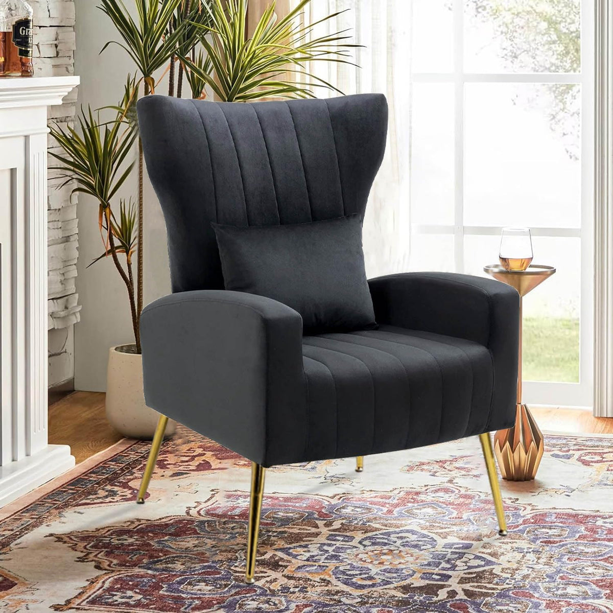 Velvet Accent Arm Chair with Wingback & Lumbar Pillow, Modern Armchair for Living Room Bedroom, Guest Reception Side Chair for Office, Gold Finish, Black