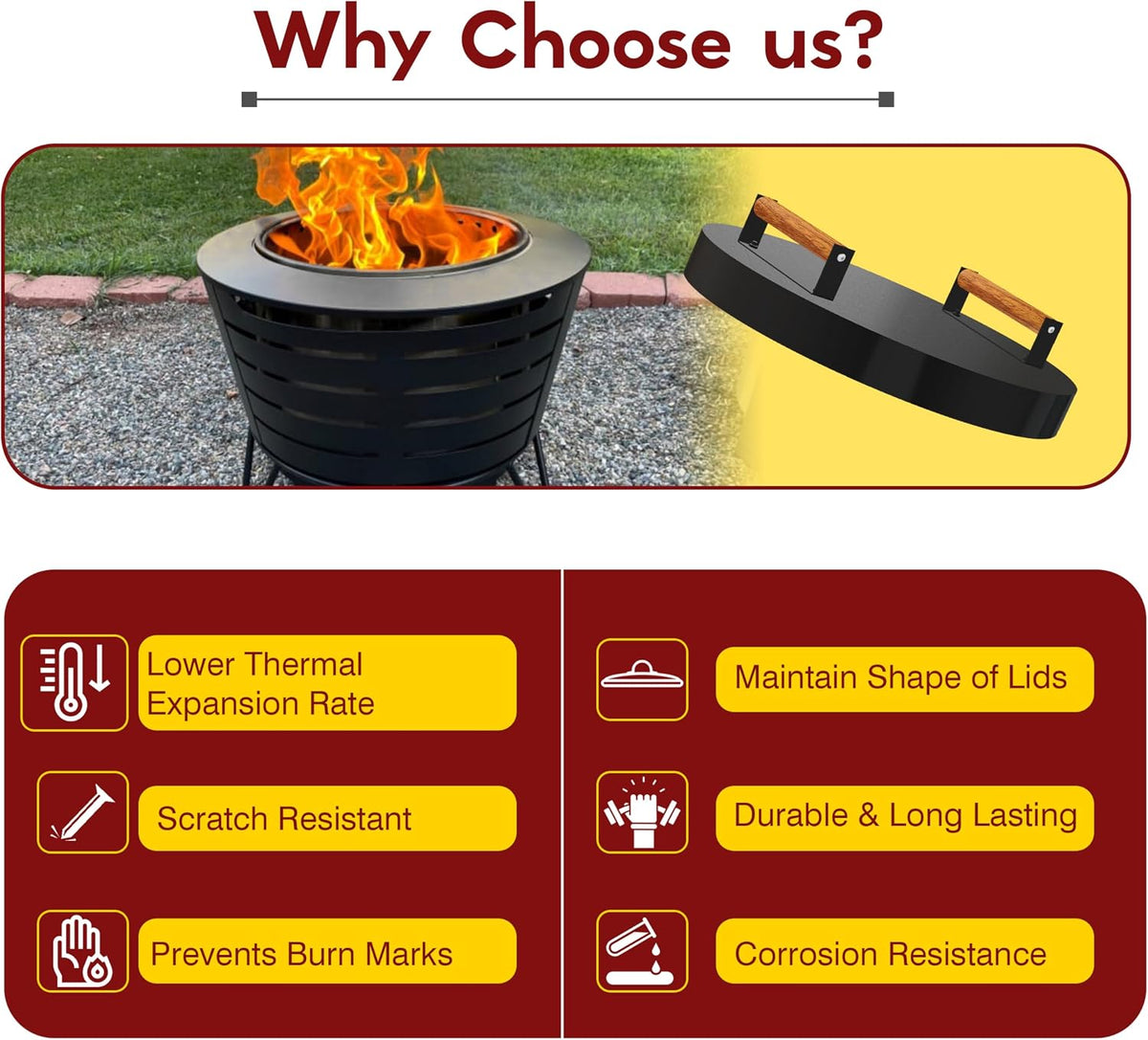FEBTECH Firepit Lid Compatible with Fire Pit Inside up to 23" - Carbon Steel Tabletop Fire Pit Cover with 2 Heat Resistant Wooden Handles - Fire Pit Accessories for Family Gatherings & Bonfire