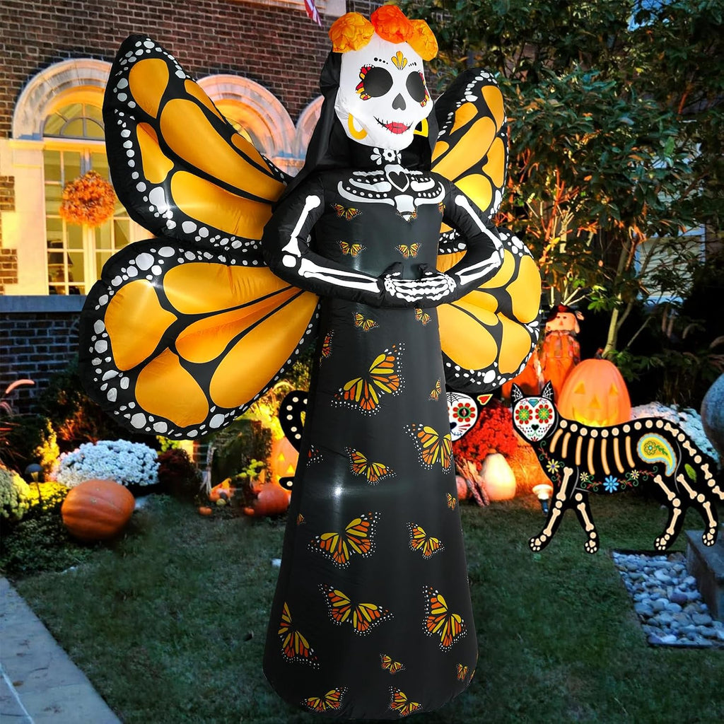 Dia de Los Muertos Decoration, 6 FT Halloween Inflatables Décor Day of The Dead Spooky Sugar Skull Butterfly Wings, Halloween Blow up Yard Decorations with Built-in LED for Altar Garden, Lawn